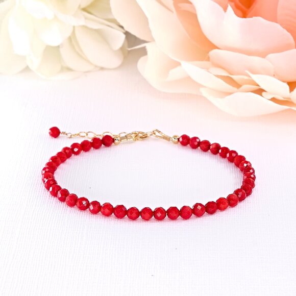 Dainty Red Coral Gemstone Bracelet, 14k Gold Filled, Perfect for Gifting - Picture 4 of 11